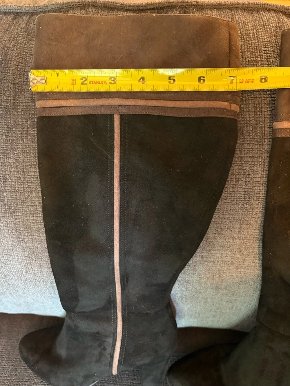 Rialto Black Suede Over-the-Knee Heeled Boots with Tan Piping